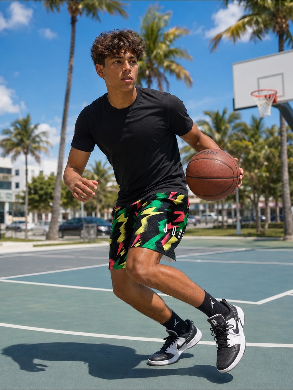 Jordan Black Athletic Shorts with Neon Green, Yellow & Pink Lightning